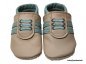 Preview: Lederpuschen als Turnschuh beige-pastelltürkis, Schnürsenkel gestickt anthrazit pasteltürkis und Streifen pastelltürkis